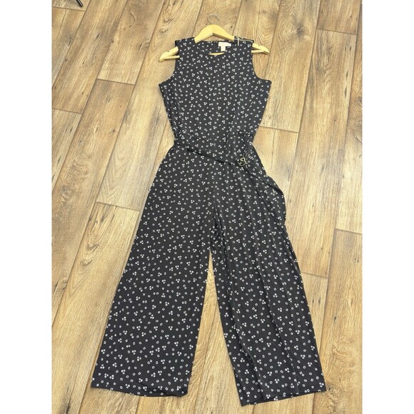 MICHAEL KORS WOMENS WIDE LEG CROPPED JUMPSUIT ROMPER BLACK WHITE FLOWERS Sz M - Picture 1 of 13